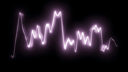 Glowing line oscillates on black background. Design. Bright neon line pulsates with musical frequency. Moving line of sound equalizer or spectrogramの写真素材