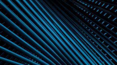 Abstract blue long straight 3D lines on a black background. Motion. Fractal background.