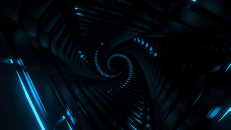 Movement in spiral with structure and neon stripes. Design. Futuristic 3d spiral with neon stripes. Dark spiral in style of spaceship with twistの写真素材