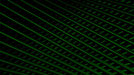 Green straight crossed metal tubes on a black background. Motion. Green field of crossed stripes.の写真素材