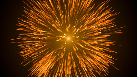 Realistic fireworks explosion on a black cosmic background. Motion. Star explosion with light rays...
