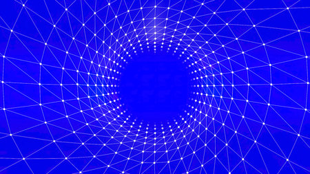 Abstract blue background with white dots and lines creating a tunnel effect. Motion. Technological...