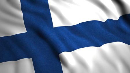 Animation for national holiday with flag of country. Motion. Beautiful flag of country is fluttering with canvas. 3D background with waving flag of Finlandの写真素材