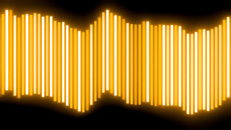 Abstract vibrating narrow yellow lines isolated on a black background. Design. Radio or music waves.の写真素材