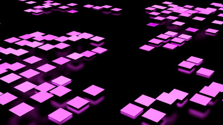 Abstract pink waving surface of small squares isolated on a black background. Design. Blinking and...