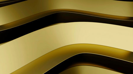 Abstract wide golden lines moving and creating effect of endless rotation. Design. Bended stripes moving isolated on a black background.の写真素材