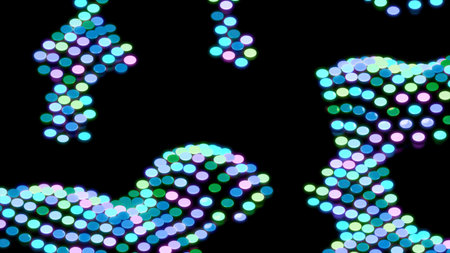 Abstract pixelated pattern with colorful circles waving like clouds on a black background. Design. Blinking and jumping multicolored circles.の写真素材