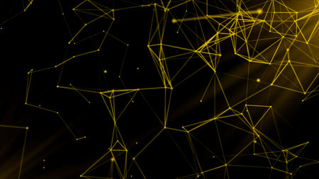 Yellow and gray background.Motion.Thin particles that are interconnected rotate in abstractionの写真素材