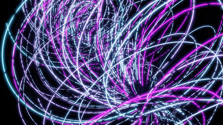 Rotating vortex of colorful lines on black background. Design. Glowing energy vortex of tangled lines. Energy vortex rotating and glowing in spaceの写真素材