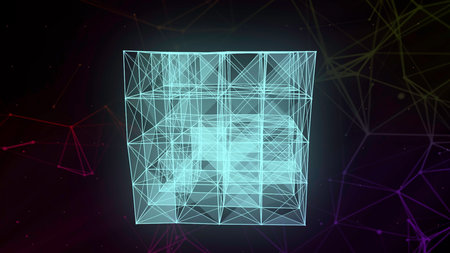 Transparent geometric shape.Motion.A dark background on which a thin white square from the grid is highlighted in different colors.の写真素材