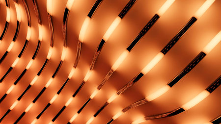 Moving luminous stripes in tubes. Design. Background of curved tubes on surface with luminous strokes. Moving luminous strokes move in tubesの写真素材