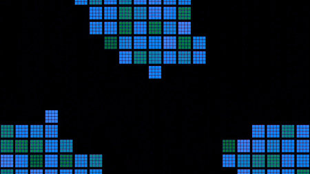Retro background with moving mosaic squares on black background. Design. Colored squares randomly...