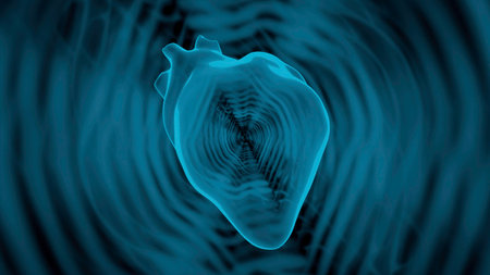 Beating human heart icon, medical concept, cardiology. Design. Blue neon beating realistic human heart.の写真素材