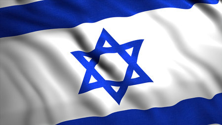 The flag of Israel. Motion. A blue-blue flag with a blue star in the middle.