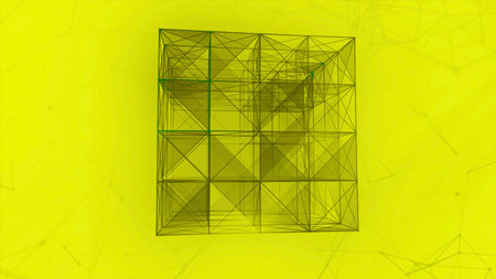 Cube of geometric connections of lines. Motion. Glowing cube of flashing triangles and linear connections. Plexus of geometric lines into holographic 3d cubeの写真素材
