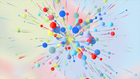Colorful balls move to center. Motion. Abstract animation in biology or physics with bright balls. Colorful balls move like molecules and disappear in centerの写真素材