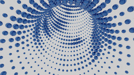 The white corridor.Design.A light long corridor that is lined with yellow and blue circles in 3d format in animation.の写真素材