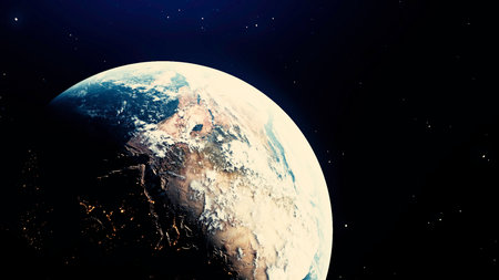 Rotating planet Earth. Motion. Rapid rotation of Earth with life changes. Movement and rotation of earth. 3D models of planet for astronomyの写真素材