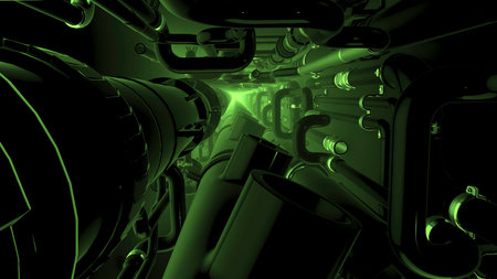 3D animation of technical pipes. Motion. Pipes and parts in sewer corridor. Inside technical part with pipes. Technological and futuristic pipelinesの写真素材
