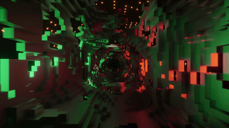 Cyber tunnel with pixels and rotating dots. Design. Movement in destroyed 3d tunnel with external...
