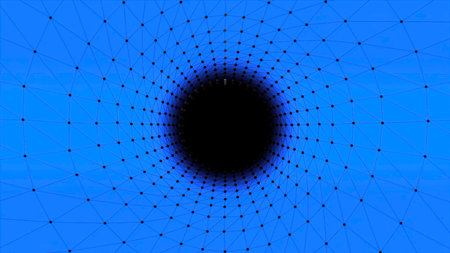 Cyber tunnel with electronic grid and dots. Motion. Circular tunnel with grid and dots in space. Mathematical tunnel from grid in computer spaceの写真素材