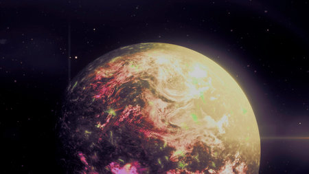 A bright view of space . Motion . A beautiful planet rotates in an animation that shimmers with bright shades and colors.の写真素材