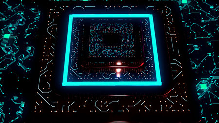 Advanced technology concept. Design. Visualization of a microchip created by Artificial Intelligence, digitalization of neural networking.の写真素材