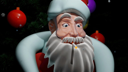 Bad Santa concept. Design. Close up of an abstract Santa Claus smoking cigarette on the background of falling snow and Christmas tree with toys.の写真素材