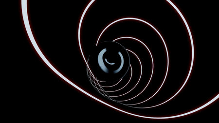 Abstract white and light pink bending line creating tunnel with dark sphere in the middle. Design. Flying inside sci fi hypnotic corridor.の写真素材