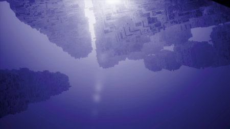 View from the sea bottom with the sun shining through water thickness. Motion. Stone formations underwater.の写真素材