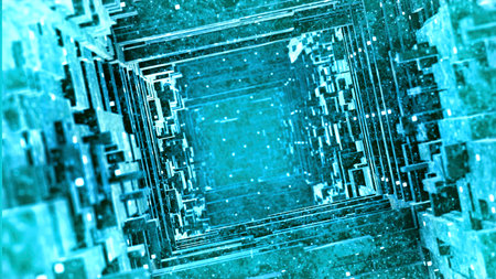 Abstract construction background looking like endless corridor of blocks. Motion. Fractal animation of moving 3D shapes.の写真素材