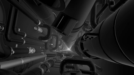 Flying through monochrome industrial abstract tunnel. Motion. Black and white tubes and pipes.