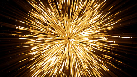 Bright beautiful fireworks on a dark night sky background. Motion. Spreading sparkles in the dark sky.の写真素材