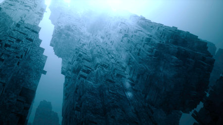 Alien spaceship nearing source of light in outer space. Motion. Futuristic, fantasy or interstellar deep space travel backgrounds.の写真素材