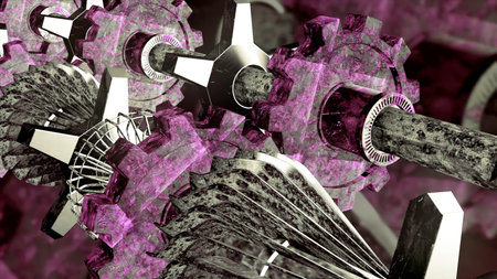 Gearwheels spinning background with marble colorful parts. Motion. Abstract mechanical transmission made of shiny metal and stone.の写真素材