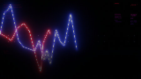 Graph lines in monitor image. Motion. Business diagram with neon lines. Pixel image of moving glowing lines of graphの写真素材