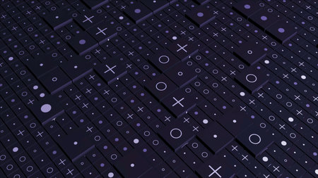 Background of squares on surface with signs. Motion. 3D computer background with squares and images of signs. Pluses and points on surface of squares. Mathematical or computer backgroundの写真素材