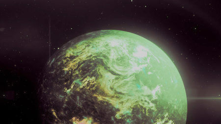 3D animation with planet in space. Motion. Colored planet with radiation in space. Planet with colored light in 3D space. Astronomyの写真素材