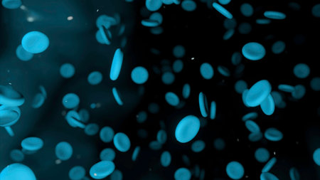 3D animation with moving cells in channel. Design. Disease cells move in blood channel. Biological cells in 3d animationの写真素材