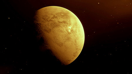 Unexplored 3d planet in space. Motion. Planet rotates in space. Unknown dangerous or empty planet in outer space. Disaster on dangerous red planetの写真素材