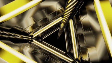 Triangular 3d tunnel with metal walls. Design. Rotating 3d tunnel with rope in middle. Lifeline in dark tunnel with neon linesの写真素材