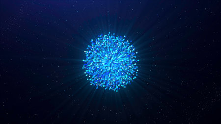 Glowing bundle of explosive energy. Motion. Discovery of explosive flow forming dense clot. Energy particles are compacted in spherical clotの写真素材