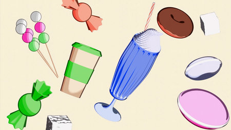 Still life of sweets. Design.A white background on which sweet various desserts in animation rotate in different directions.の写真素材