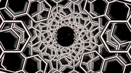 3D tunnel with hexagons and moving black hole. Design. Tunnel of 3d honeycombs with moving black...