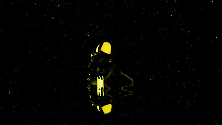Black background with flying glowing white dust. Design. A bright yellow and blue silhouette sitting in animation and small white stars flying around it.の写真素材
