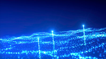 Glowing dots rise above waves of energy. Motion. Magic particles move over stream. Bright energy...