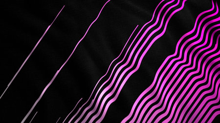 Diagonally striped textile fabric waving on the wind background. Motion. Pink narrow lines on black flag cloth.の写真素材