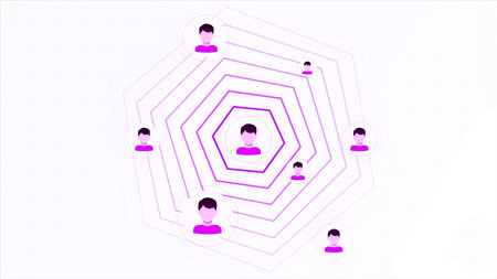 White background. Motion.Purple and blue lines appearing in the Internet network in which people are...