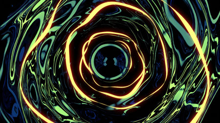 Tunnel with liquid walls and reflection. Design. Liquid mirror 3d tunnel with neon lines. Luminous...