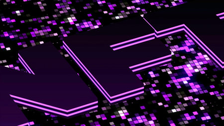 Purple letters NTF with blinking small squares on the background. Motion. NFT Crypto Art symbol, cryptocurrency digital money, collectibles, cyber coin.の写真素材